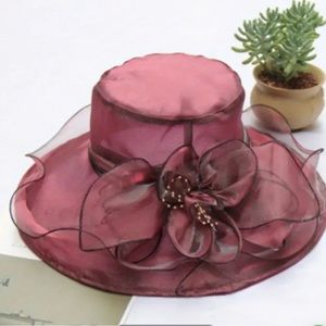 NWT Wide Brim Organza Hat Elegant KY DERBY Church Hat Travel Beach Easter WINE